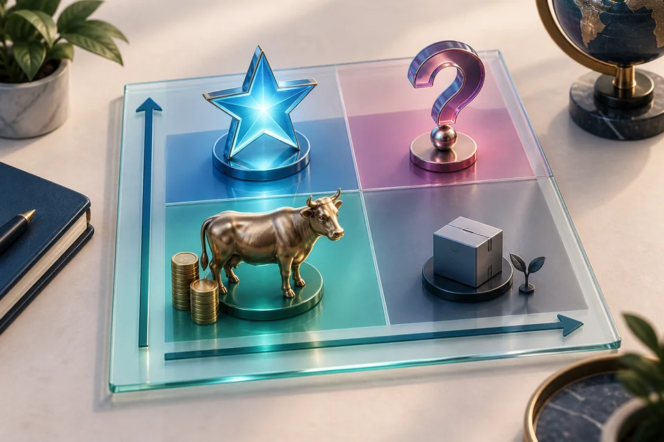 BCG Matrix portfolio board with star, cash cow, question mark and dog quadrants