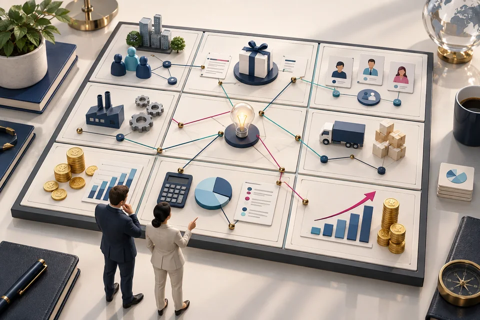Business Model Canvas workspace connecting customers, value, operations, partners, costs and revenue