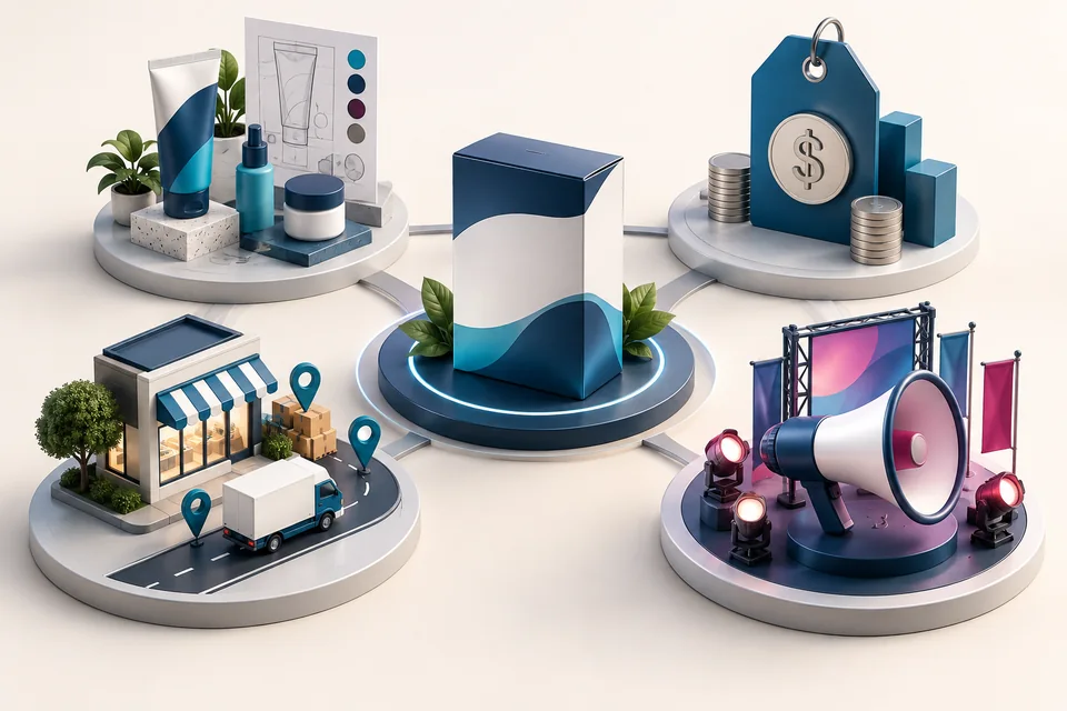 Marketing Mix workspace showing product, price, place and promotion