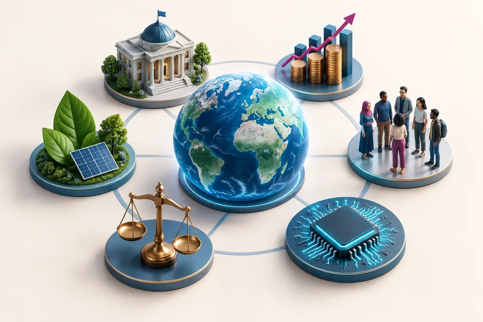 Global business scene representing political, economic, social, technological, legal and environmental factors